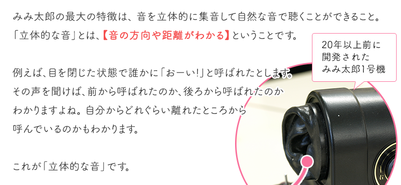 みみ太郎の最大の特徴は、 音を立体的に集音して、自然な音で聞けること。「立体的な音」とは、【音の方向や距離がわかる】ということです。例えば、目を閉じた状態で誰かに「おーい!」と呼ばれたとします。その音を聞けば、自分の前にいるのか、後ろにいるのかわかりますよね。 自分からどれぐらい離れたところから呼んでいるのかもわかります。これが「立体的な音」です。