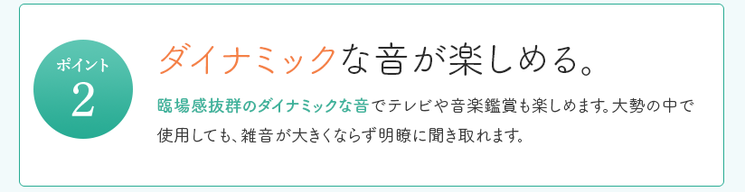 ダイナミックな音が楽しめる。臨場感抜群のダイナミックな音で音楽鑑賞も楽しめます。大勢の中で使用しても、雑音が大きくならず明瞭に聞き取れます。